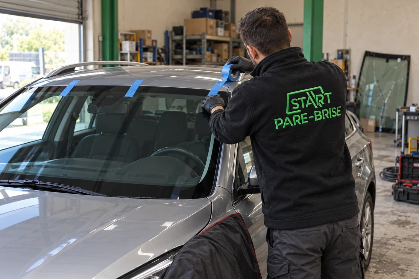Un technicien START PARE-BRISE Coulommiers pose les bandes de maintien d'un pare-brise neuf